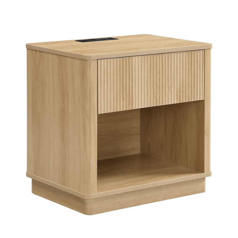 Modern Bedside Table with Charging Station and Storage Drawer