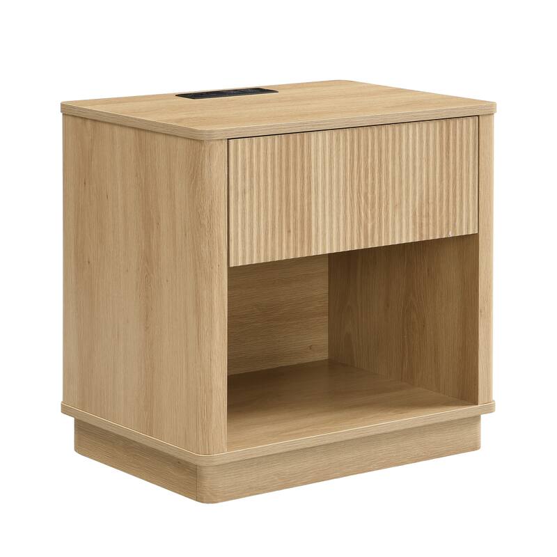 Roomfitters Modern Bedside Table with Integrated Charging Station & USB Ports, Sliding Storage & Open Shelf, Natural