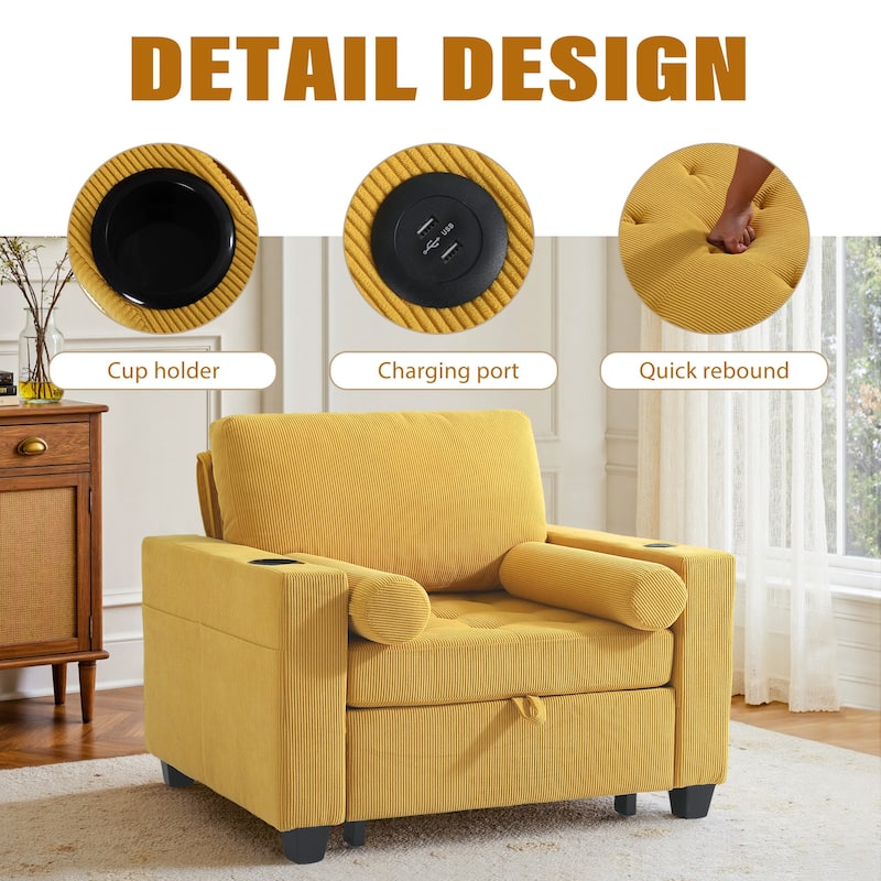 2 Set 3-in-1 Adjustable Recline Convertible Chair Bed Sleeper with USB Port