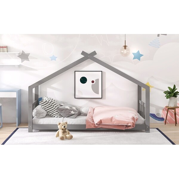 Twin House Bed with Shelves for Kids Girls Boys, Solid Wood
