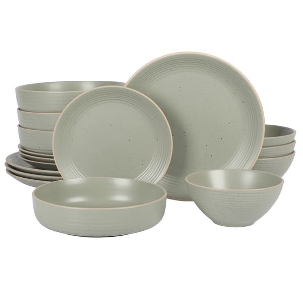 Gibson Home Dinah 16 Piece Double Bowl Stoneware Embossed Speckled Dinnerware Set - Green