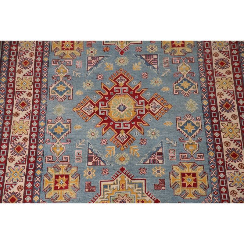 Light Blue Kazak Geometric Area Rug Wool Carpet - 6'7" x 9'10"