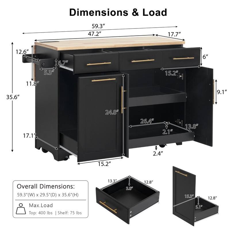 59" Rolling Kitchen Island on Wheels with Trash Can Storage Cabinet, Island Table for Kitchen with Power Outlet, Storage Rack