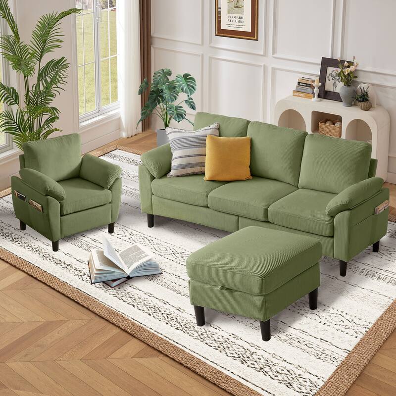 79.72" Corduroy 3 Pieces Living Room Sets Including Sectional Sofa with Storage Ottoman & Side Pockets & Armchair Set