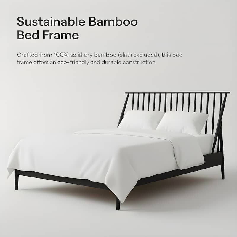 Bohemian Bamboo Spindle Platform Bed Frame with Wooden Slats and Metal Support, No Box Spring Needed, Low Profile Wingback Bed