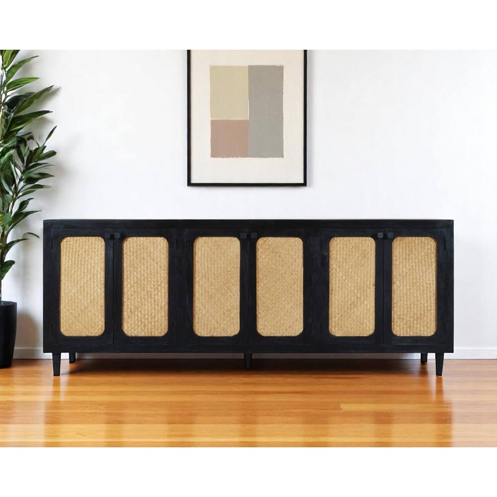 HomeRoots 94" Black Distressed Solid Wood Sideboard with Six Doors - 94.00 in. x 38.00 in. x 18.00 in.