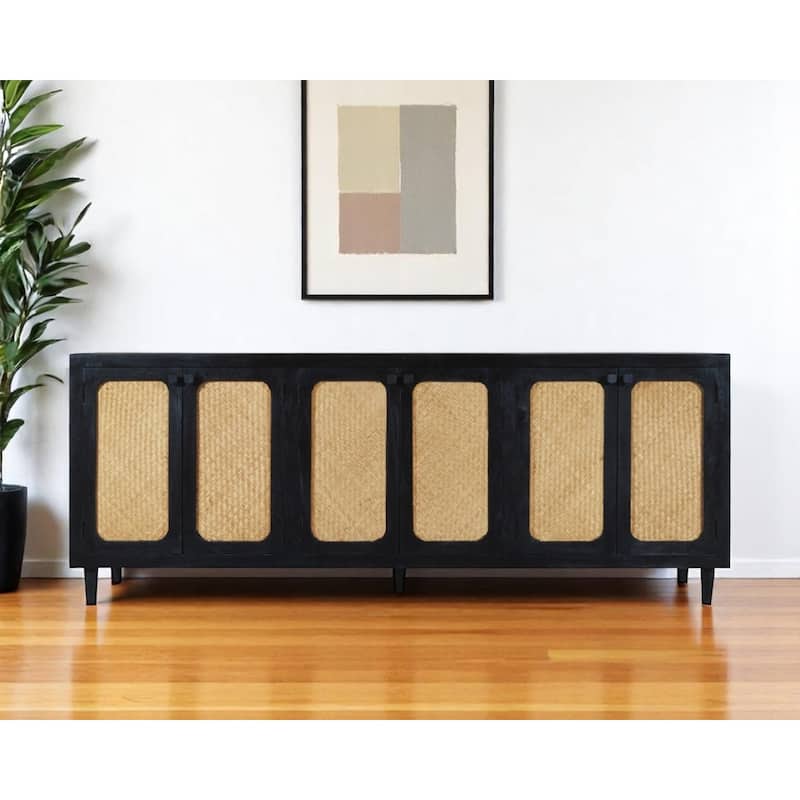 HomeRoots 94" Black Distressed Solid Wood Sideboard with Six Doors - 94.00 in. x 38.00 in. x 18.00 in. - 94.00 in. x 38.00 in. x 18.00 in.