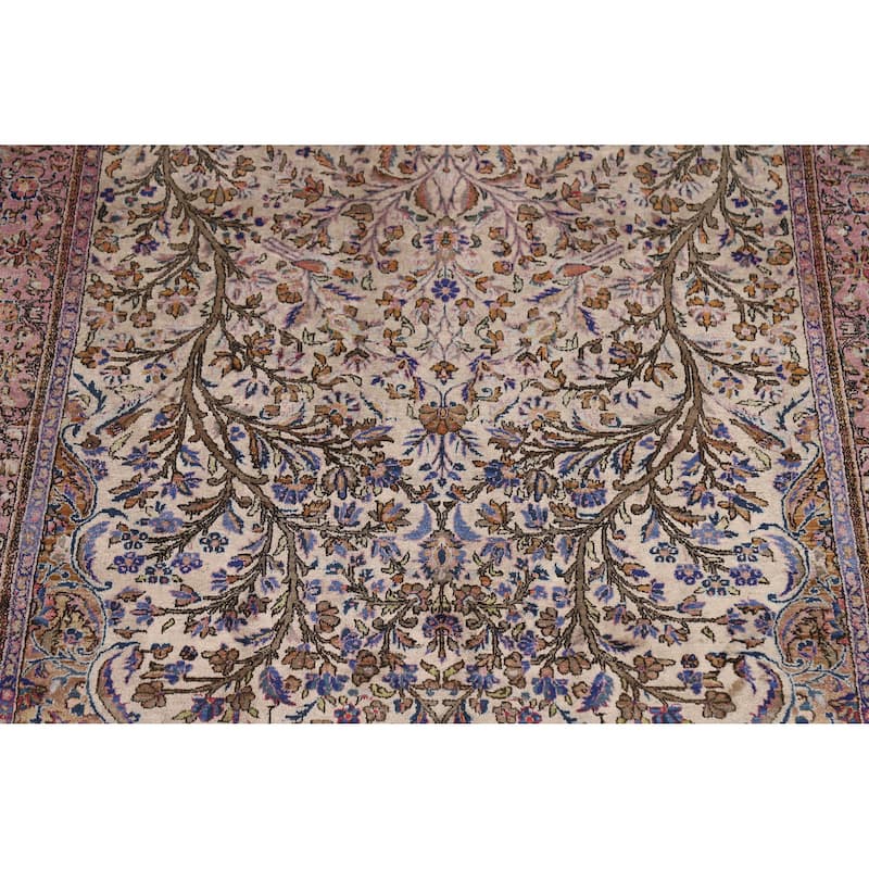 Hand Knotted Oriental Silk Carpet Traditional Floral Beige & Ivories Kashan Area Rug - 6' 10'' X 4' 4''