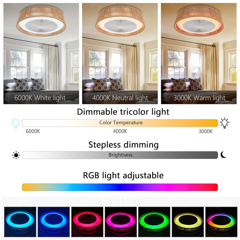 21" Modern Rustic Ceiling Fan Light with LED RGB Mood Lighting, Rope Woven Design, Quiet Fan, Semi Flush Mount - White