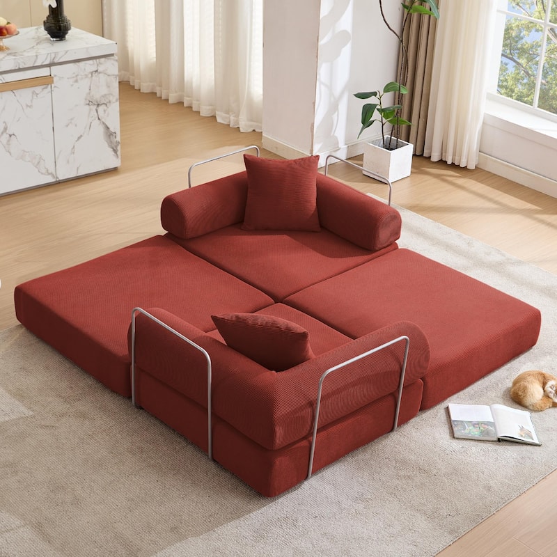 Folding Mattress Lounge Sofa with Corduroy Cushions, Convertible Sofa Bed Sleeper Sofa with Removable Armrests
