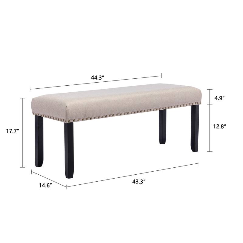 Modern 44" L Nailhead Trim Upholstered Bench with Wood Legs