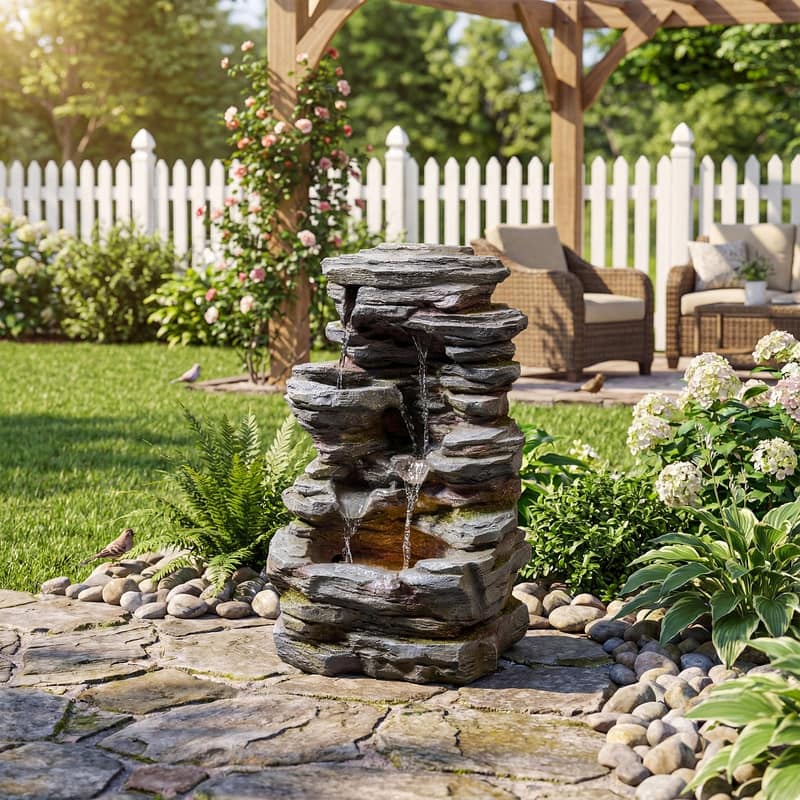 Outdoor Four-Tier Rock Fountain with LED Lighting and Natural Rock Design