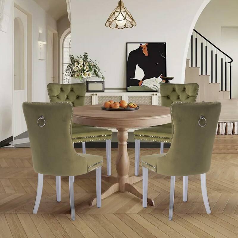 Tufted Naliheads Solid Wood Upholstered Dining Chairs (Set of 4) - Olive SliverLegs