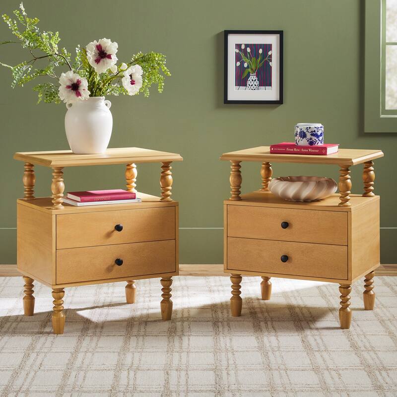Walker Edison Easy Assembly Solid Wood 2-Drawer Nightstand (Set of 2) - Natural