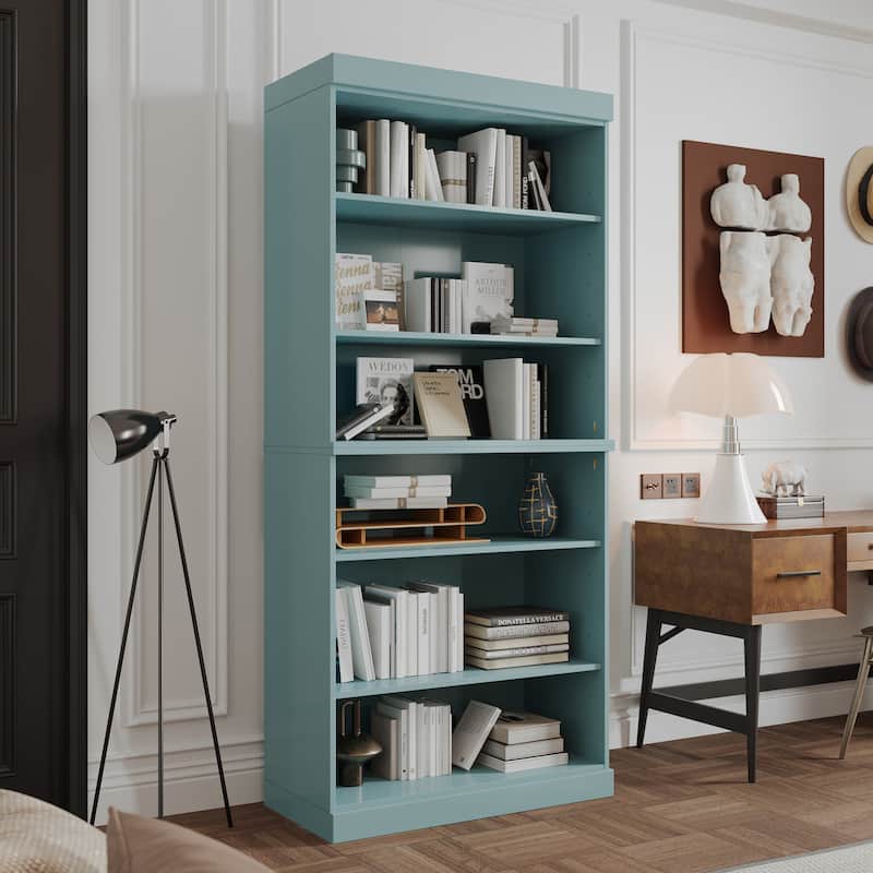 Palace Imports Solid Wood 6-Shelf Bookcase, Adjustable Shelves - Aqua Blue