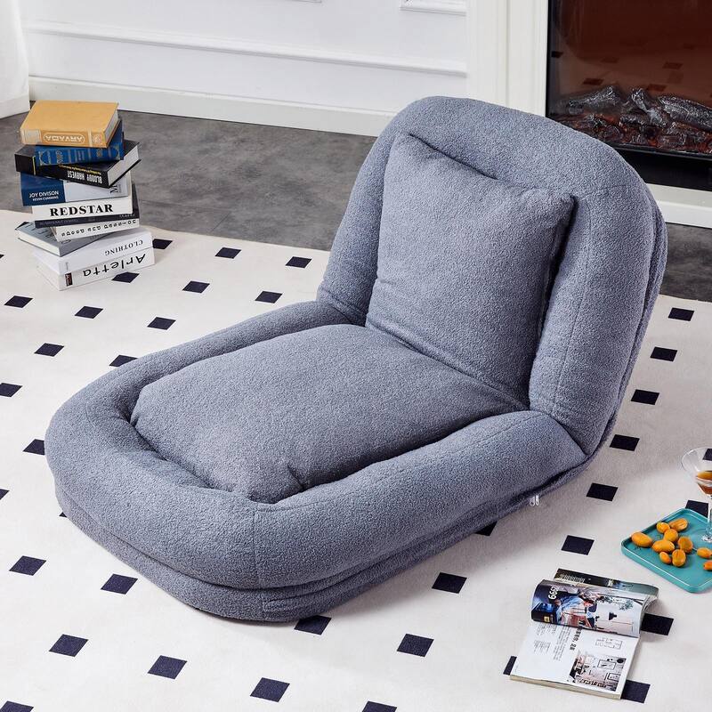 Folding Sofa Chair with 5 Adjustable Positions, Plush Floor Lounge Chair - Gray-Teddy