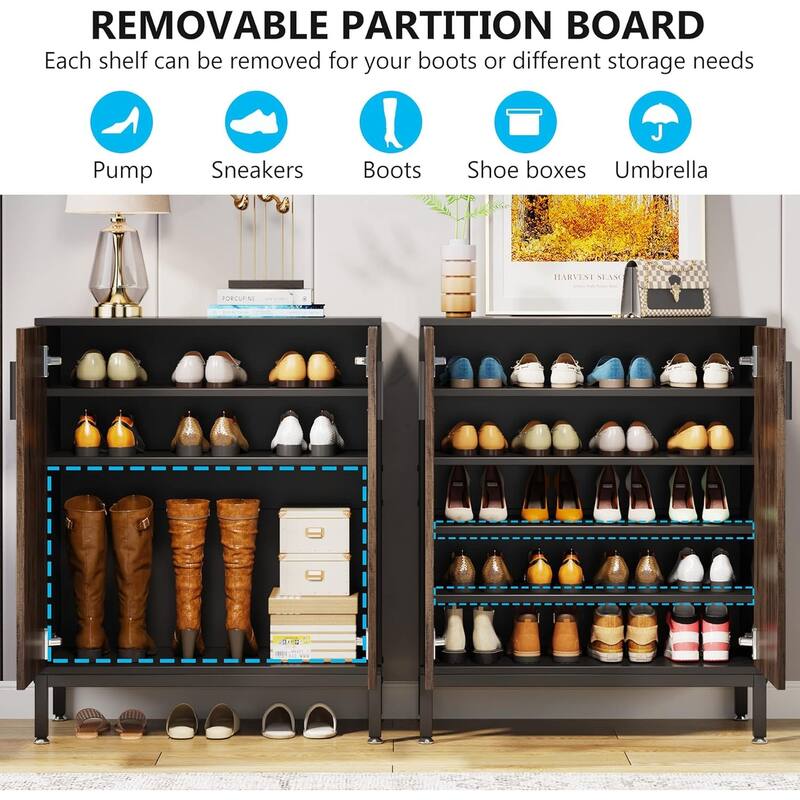 31" Brown & Black Wooden Shoe Cabinet with Doors, 5 Tiers