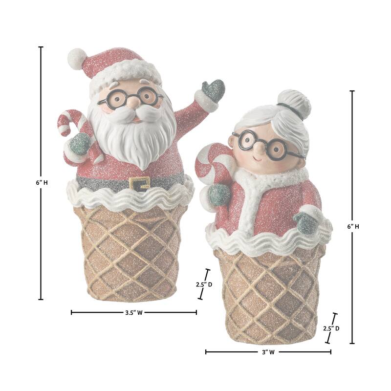 6" Resin Santa and Mrs Clause In Ice Cream Cone Set of 2