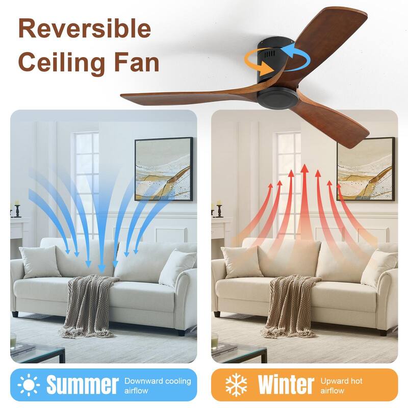 52 Inch Indoor Wooden Ceiling Fan With 3 Solid Wood Blades Remote Control Reversible DC Motor Without Light