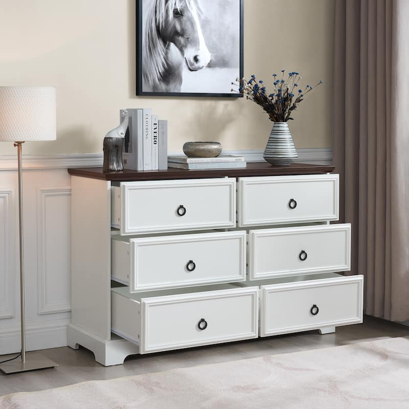 Bedroom Double Dresser, Multi-functiona Wood Storage Cabinet, Accent Cabinet with 6 Storage Drawers and Metal Handles