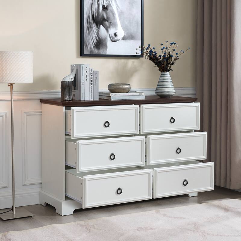 White Modern Farmhouse 6-Drawer Chest, Elegant Bedroom Dresser