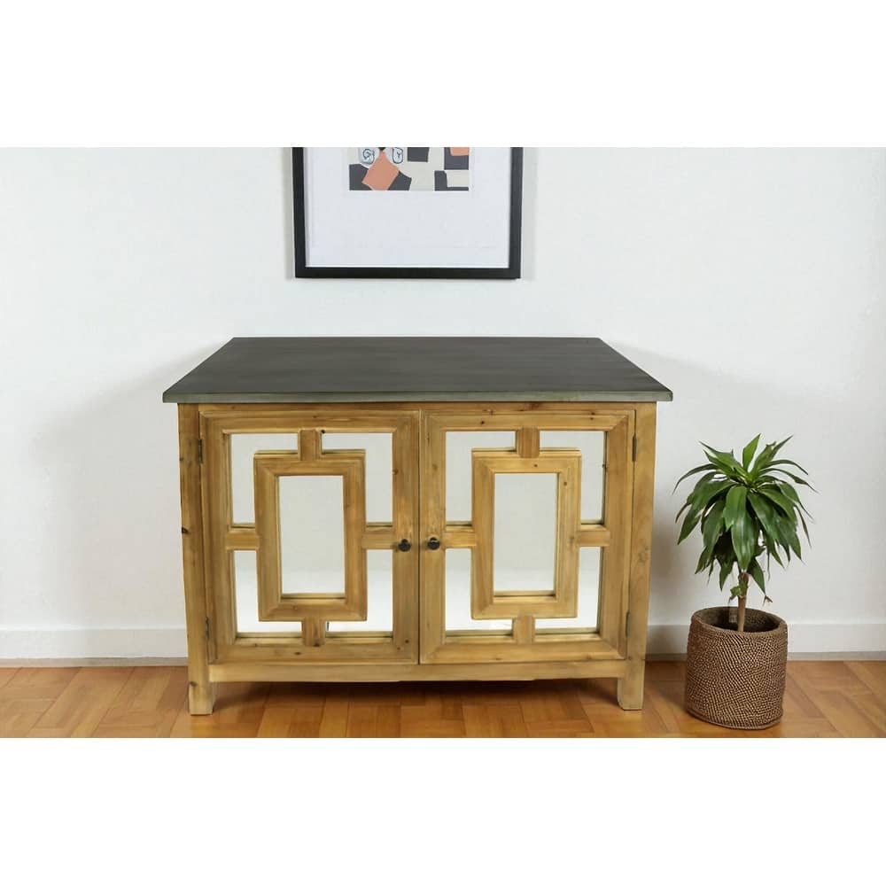 HomeRoots 45" Brown And Gray Solid Wood Carved Geometric Sideboard with Two Doors - 45.00 in. x 36.00 in. x 20.00 in.