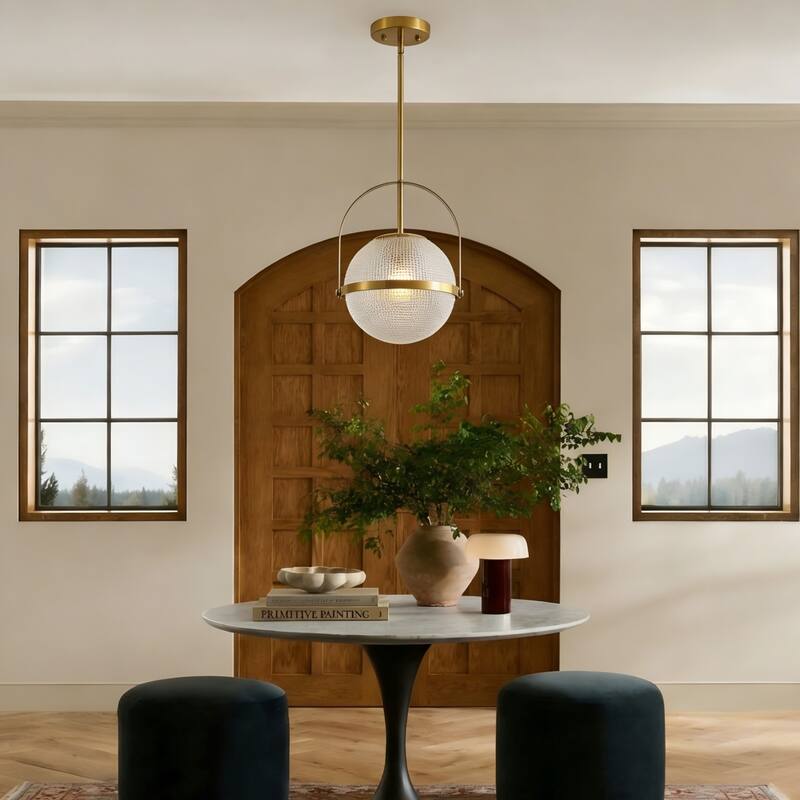 1-Light Modern Industrial Black Metal/Gold Pendant Light with Textured Glass Globe Shade for Kitchen Island Dining Room