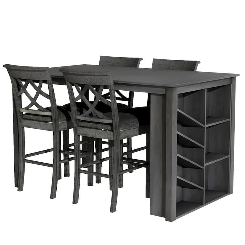 Counter Height Solid Wood Dining Table Set, with Wine Rack and Chairs