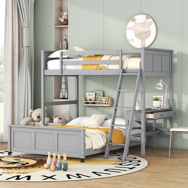 slide 2 of 9, Gray Pine Wood Bunk Bed with Desk, Drawers, Movable Lower Bed, Guardrail Twin over Full - Gray