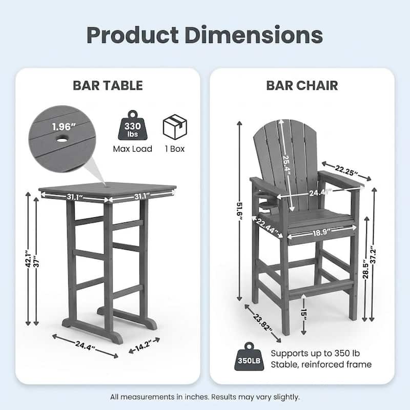3-Piece HDPE Bar-Height Patio Bistro Set, 42.1" Square High Top Pub Table + 2 Bar Chairs, All-Weather Outdoor Dining Set
