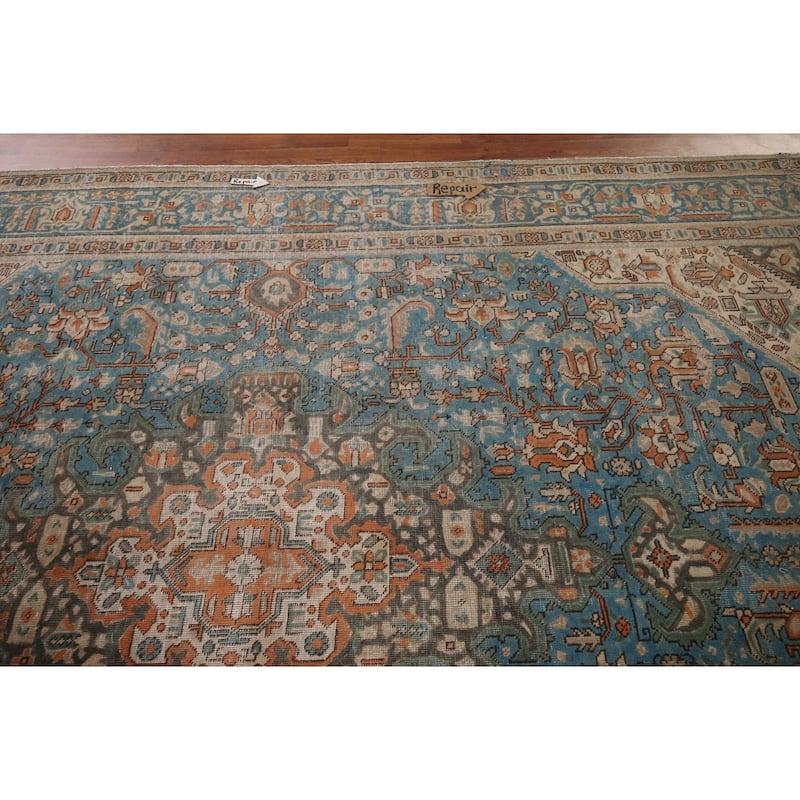 Blue Distressed Tabriz Vintage Persian Rug Hand-Knotted Wool Carpet - 8'1" x 11'2"