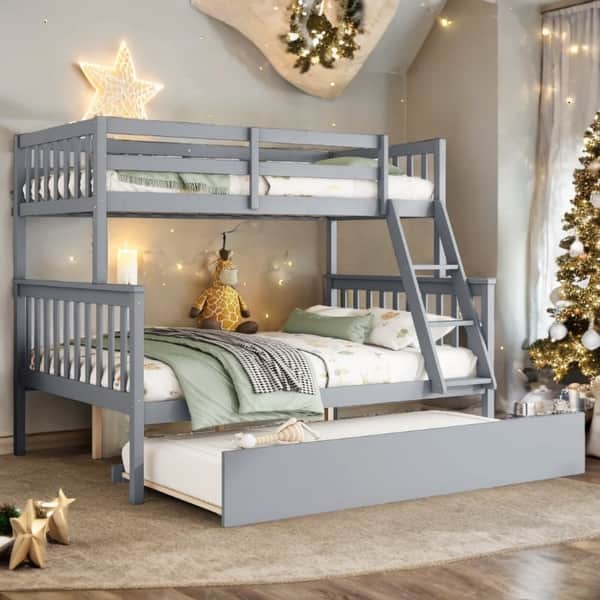 slide 2 of 12, Grey Twin Over Full Bunk Beds with Trundle, Convertible Ladder and Guardrail