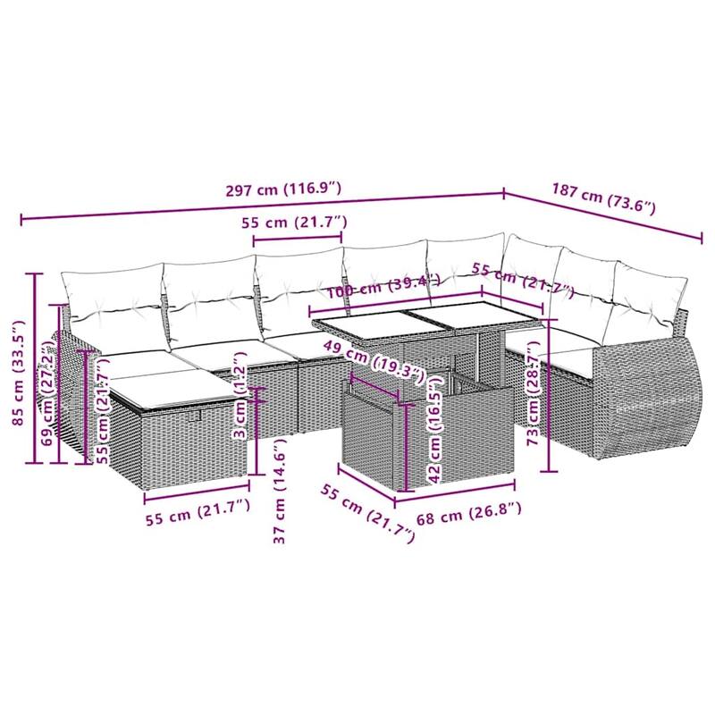 vvidaXL Patio Sofa Set with Cushions Outdoor Furniture 9 Piece Poly Rattan