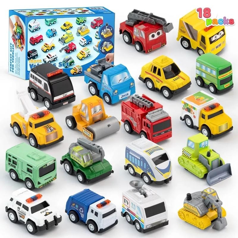 18 Pcs Friction Pull Back Play Car and Trucks Toy Vehicles Set - Multicolor