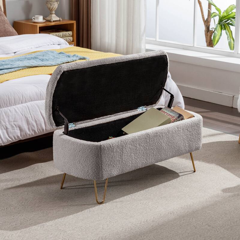 Storage Ottoman Bench for End of Bed Gold Legs, Faux Fur Entryway Bench Upholstered Padded with Storage for Living Room Bedroom