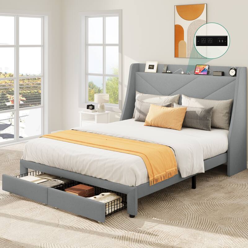 Modern Upholstered Headboard Platform Bed with USB - Grey - Queen