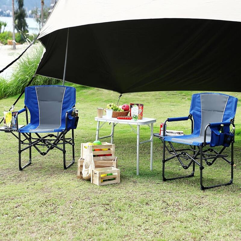 Oversized 2 Pcs Folding Portable Outdoor Director Camping Chair for Lawn, Fishing, Sports - Blue