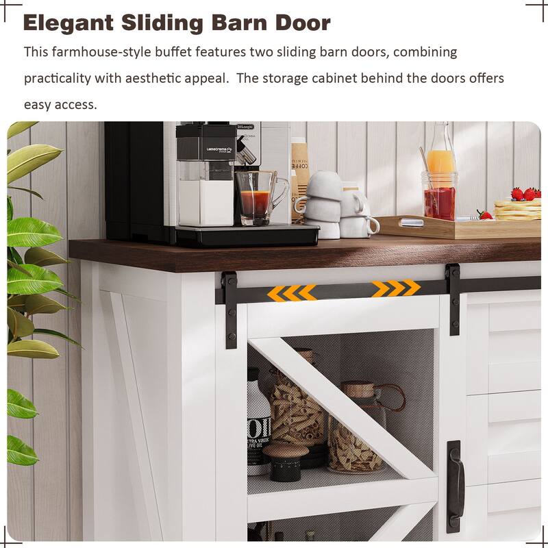 Gymojoy Farmhouse Buffet Cabinet with Barn Doors, 4 Drawers, for Kitchen, Dining Room, Living Room Storage