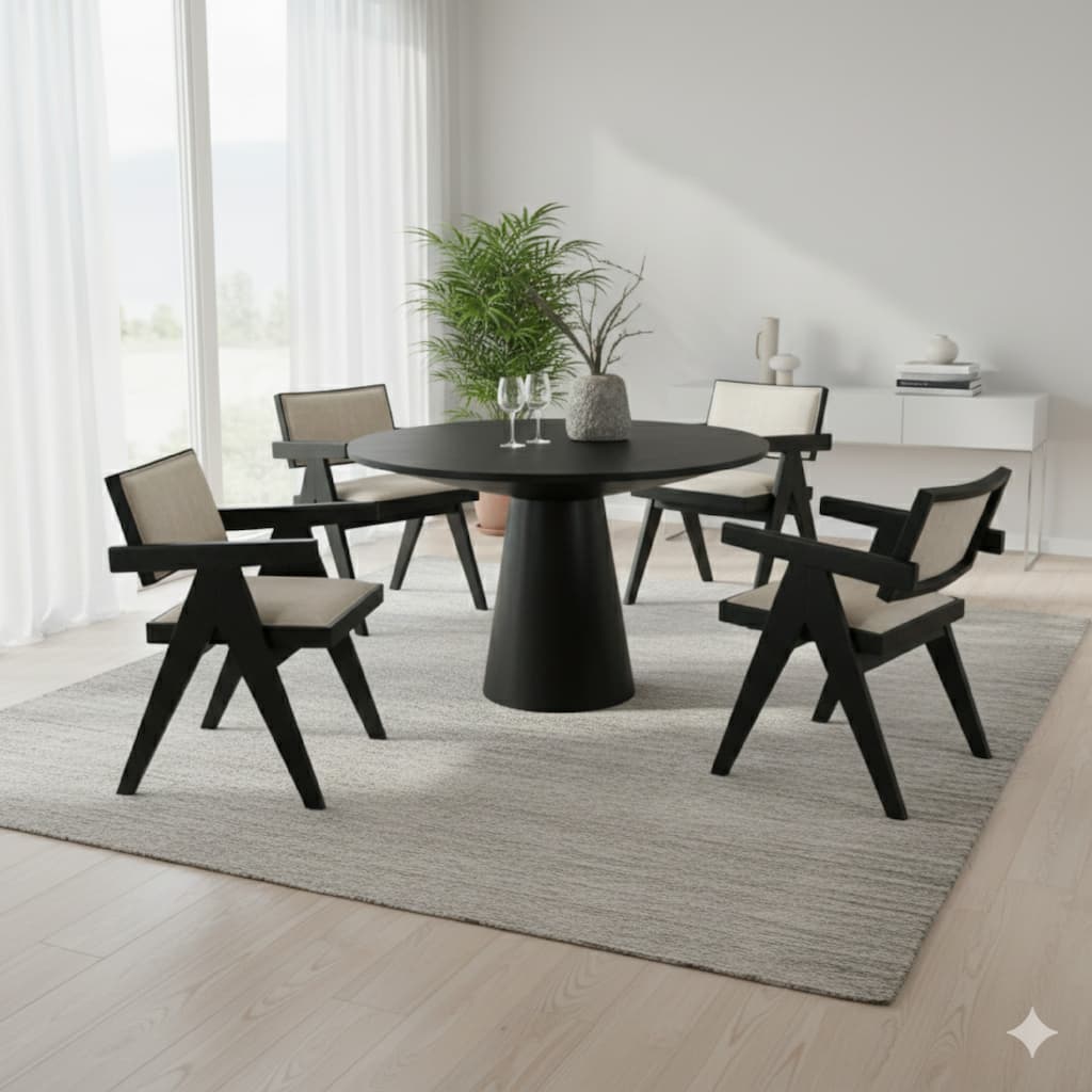 Bili 5pc Round Dining Table and 4 Armchairs Set, Open Back, Beige, Black