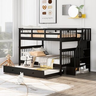 Full-over-Full Bunk Bed with Twin Trundle, Storage, Guardrail & Stairway