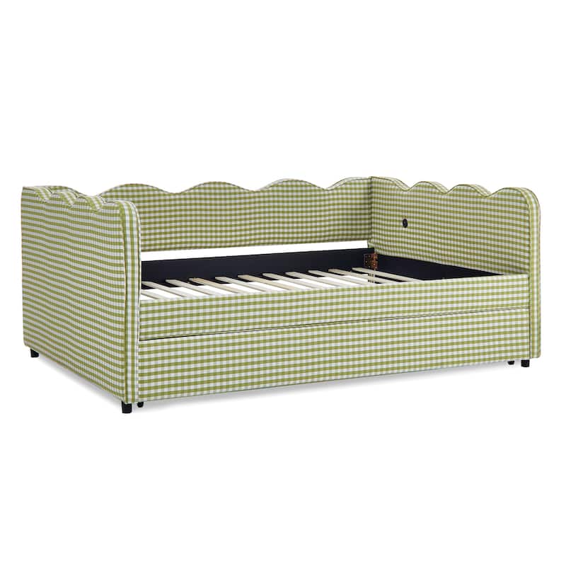 Full Size Gingham Daybed with Twin Trundle, USB Port, Wave Shaped Design & Linen Fabric - No Box Spring Needed