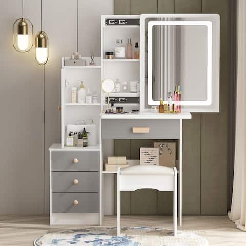 Makeup Vanity Set with Sliding Lighted Mirror & Stool - Hidden Shelves - 33"L x 15.7"W x 52.4"H