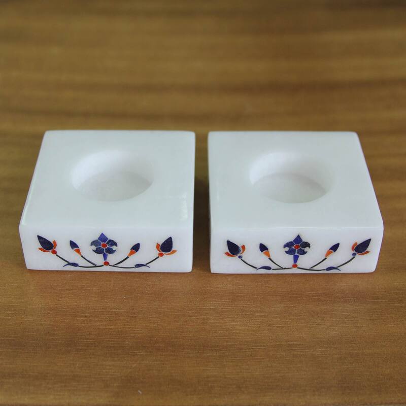 Novica Handmade Blooming Buds In Blue Marble Tealight Holders (Pair)
