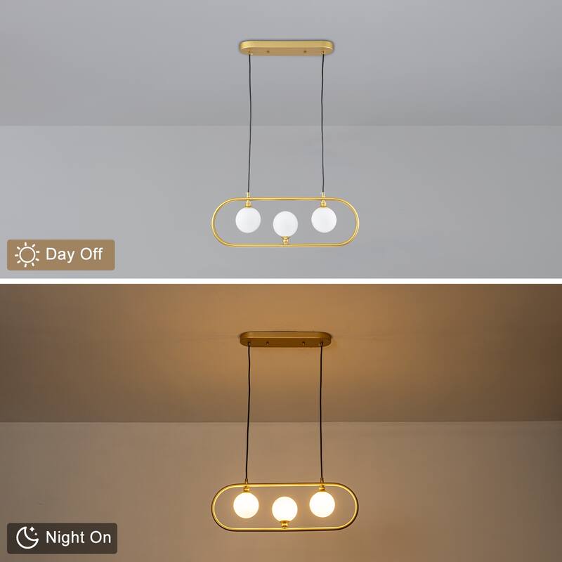 3-Light Linear Kitchen Island Pendant Frosted Milky White Glass Globes - Dia.22.83-in