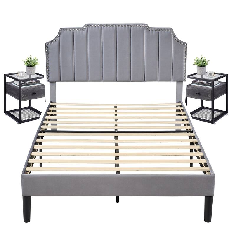 Bedroom Sets, 15 Style Options, 3-pieces Bedroom Set with Height Adjustable Upholstered Bed and Nightstands Set of 2-VECELO