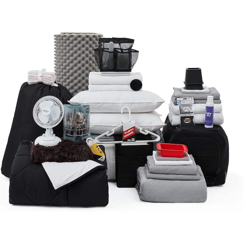 100% Complete Twin XL Bedding & Dorm Essentials Package - Black / White Color Set - Twin XL
