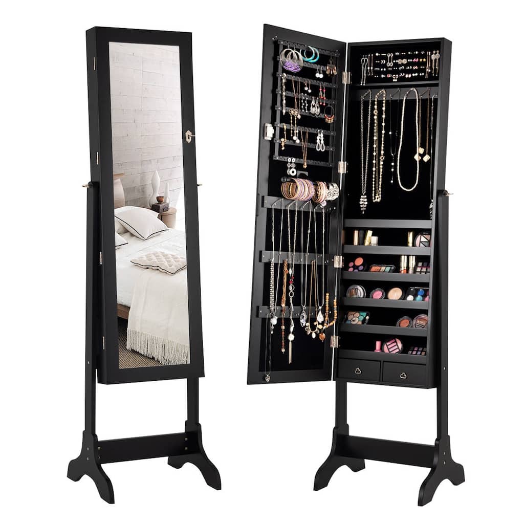 Costway Mirrored Jewelry Cabinet Storage Organizer Box Drawers Black
