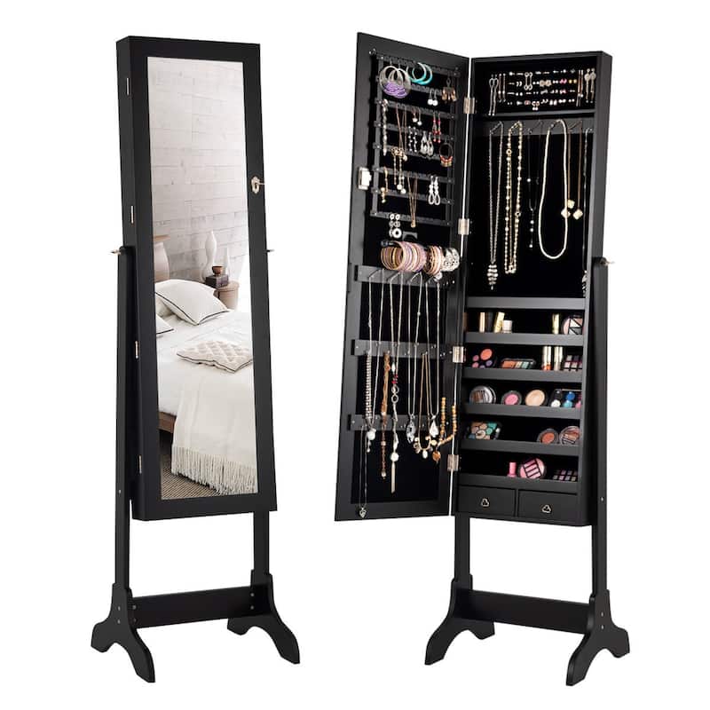 Gymax Jewelry Organizer Vanity Box w/ Full Length Mirror Black/ White - See Details - Black