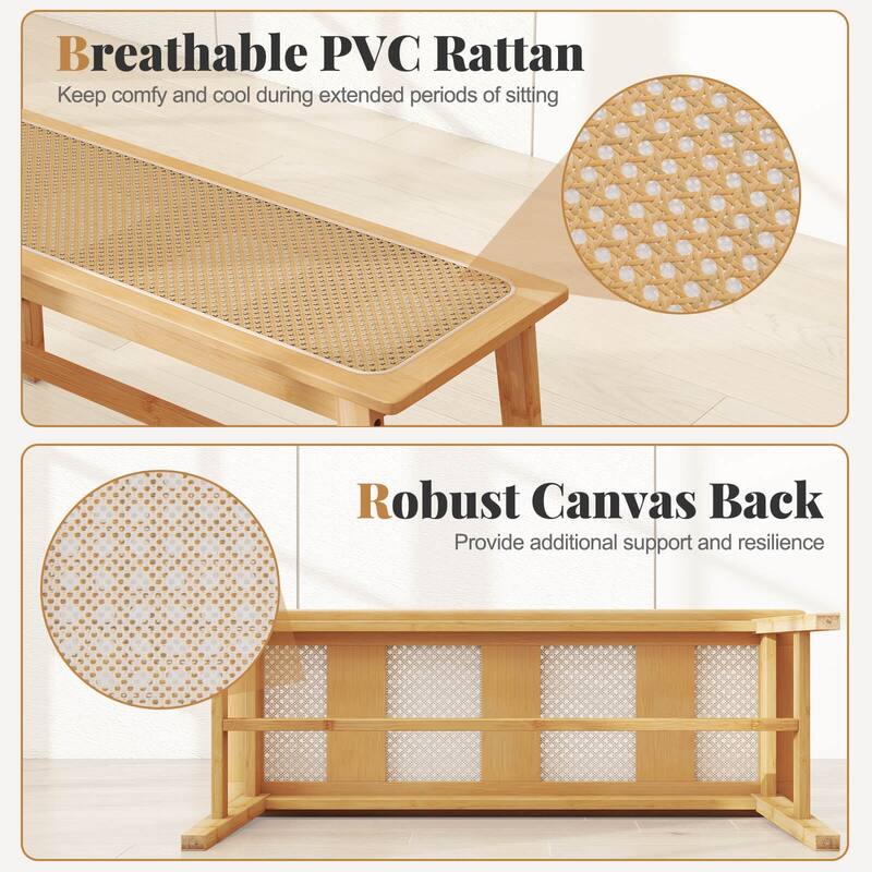 Costway 39.5” Bamboo Dining Bench with Handwoven Rattan Seat, Wooden - See Details