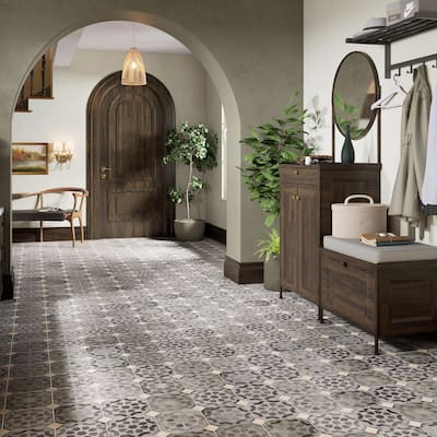 Merola Tile Laverton Octagon Deco Sombra with Taco Beige 7-7/8" x 7-7/8" Porcelain Floor and Wall Tile